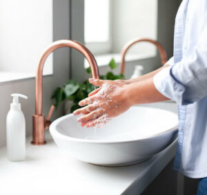 person washing hands in sink